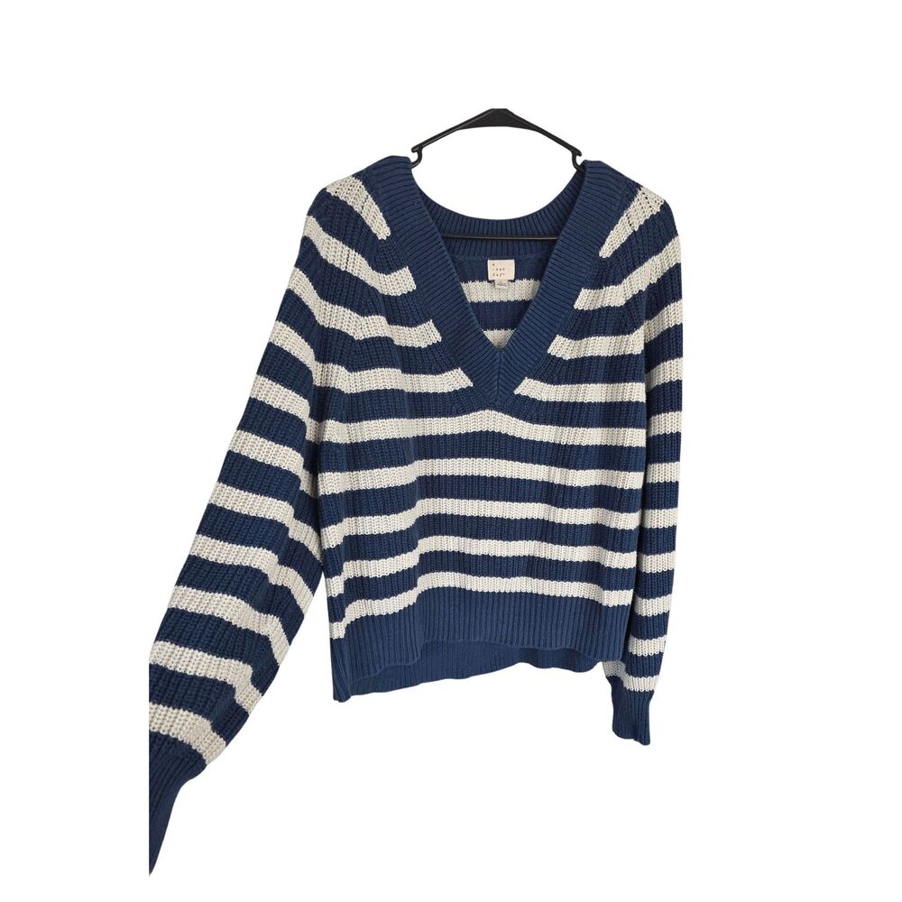 A New Day Striped V-Neck Pullover Sweater Size Large Blue White